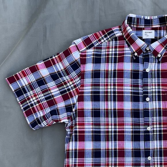 Old Navy Red Multicolor Plaid Button Down Shirt Men Size Large - Picture 3 of 13